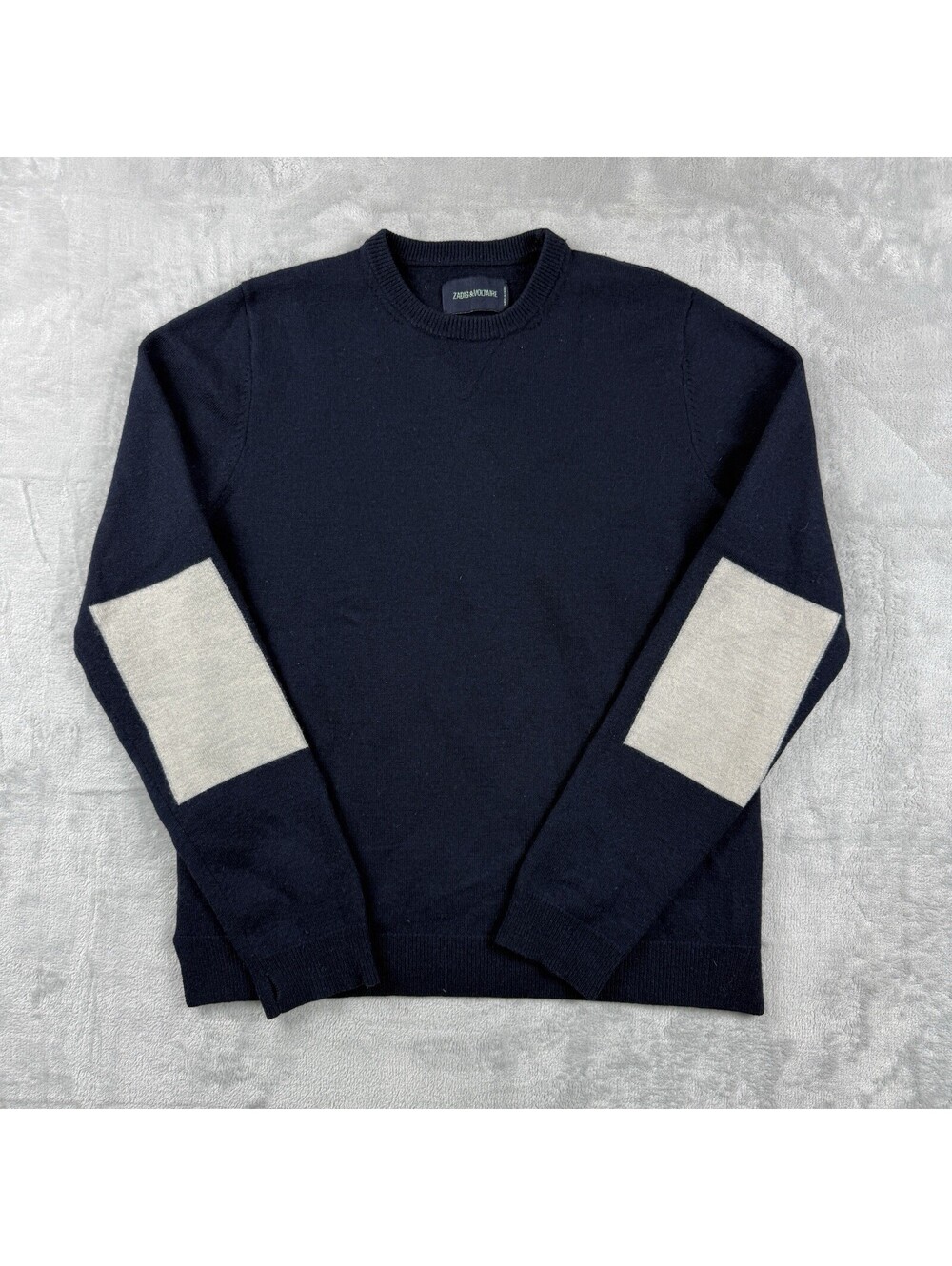 Zadig & Voltaire Size M Navy 100% Lambswool Crew Neck Knit Sweater Elbow Patch